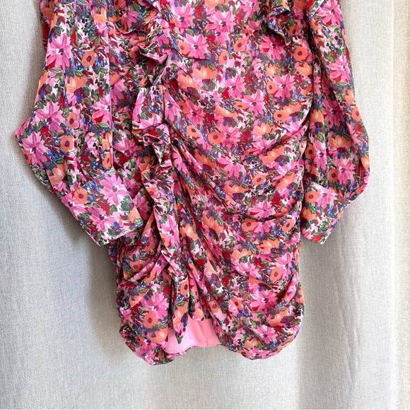 ZARA Floral Draped Mini Pink Dress Crewneck Puff Shoulders XS - Picture 5 of 11